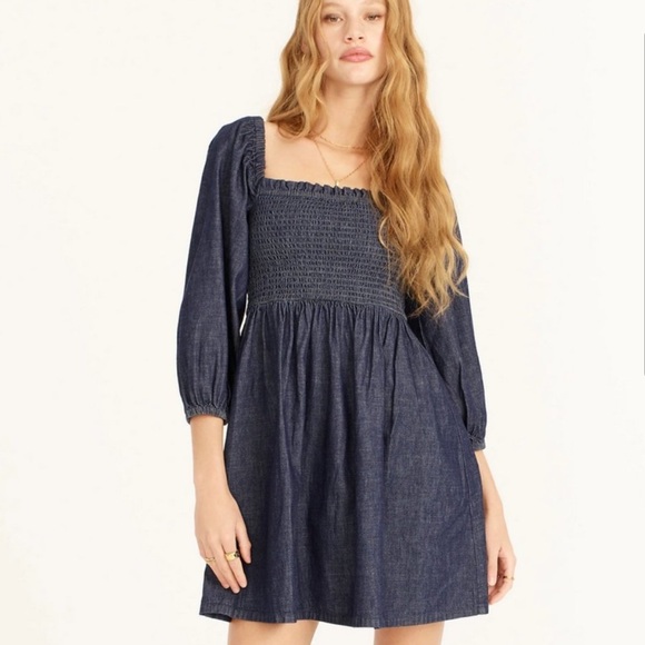 J. Crew Dresses & Skirts - J.Crew 100%Cotton Smocked Fitted Bodice Long Puff Sleeve Chambray PullOn Dress S